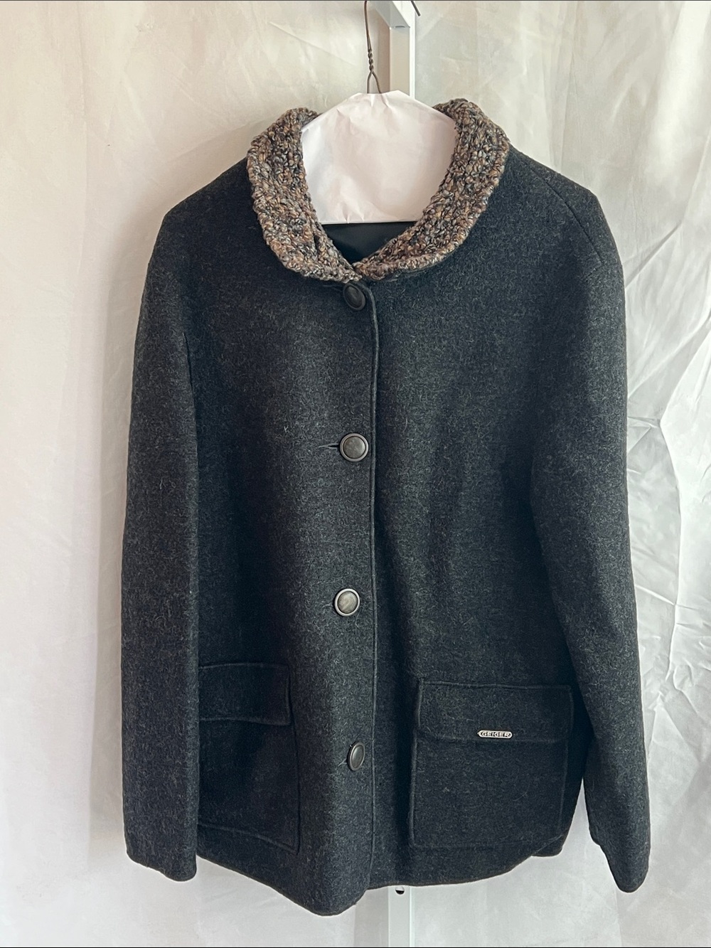 Women's Dark Gray Pea Coat Textured Knit Collar Geiger Wool Made in Austria
